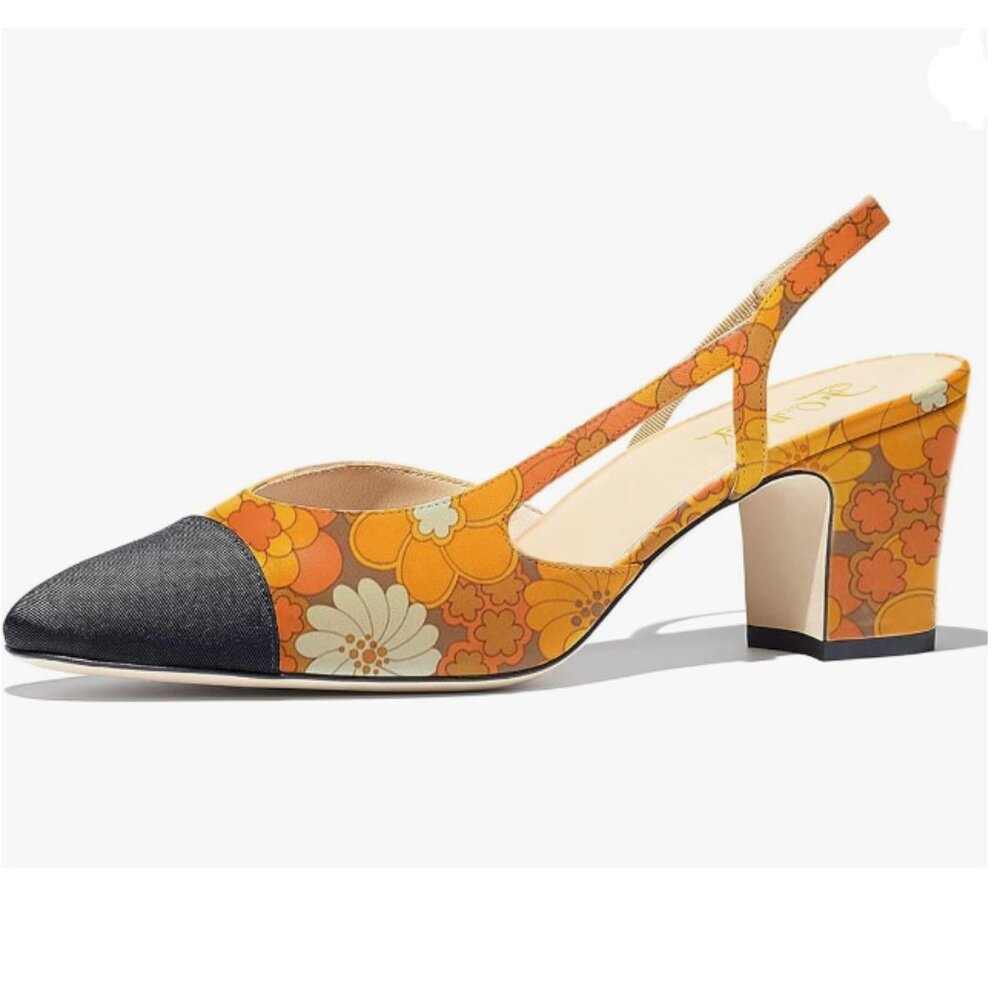 FOWT Orange Flower Pointed Toe Chunky Mid Heel Slingback Sandals Office Shoes